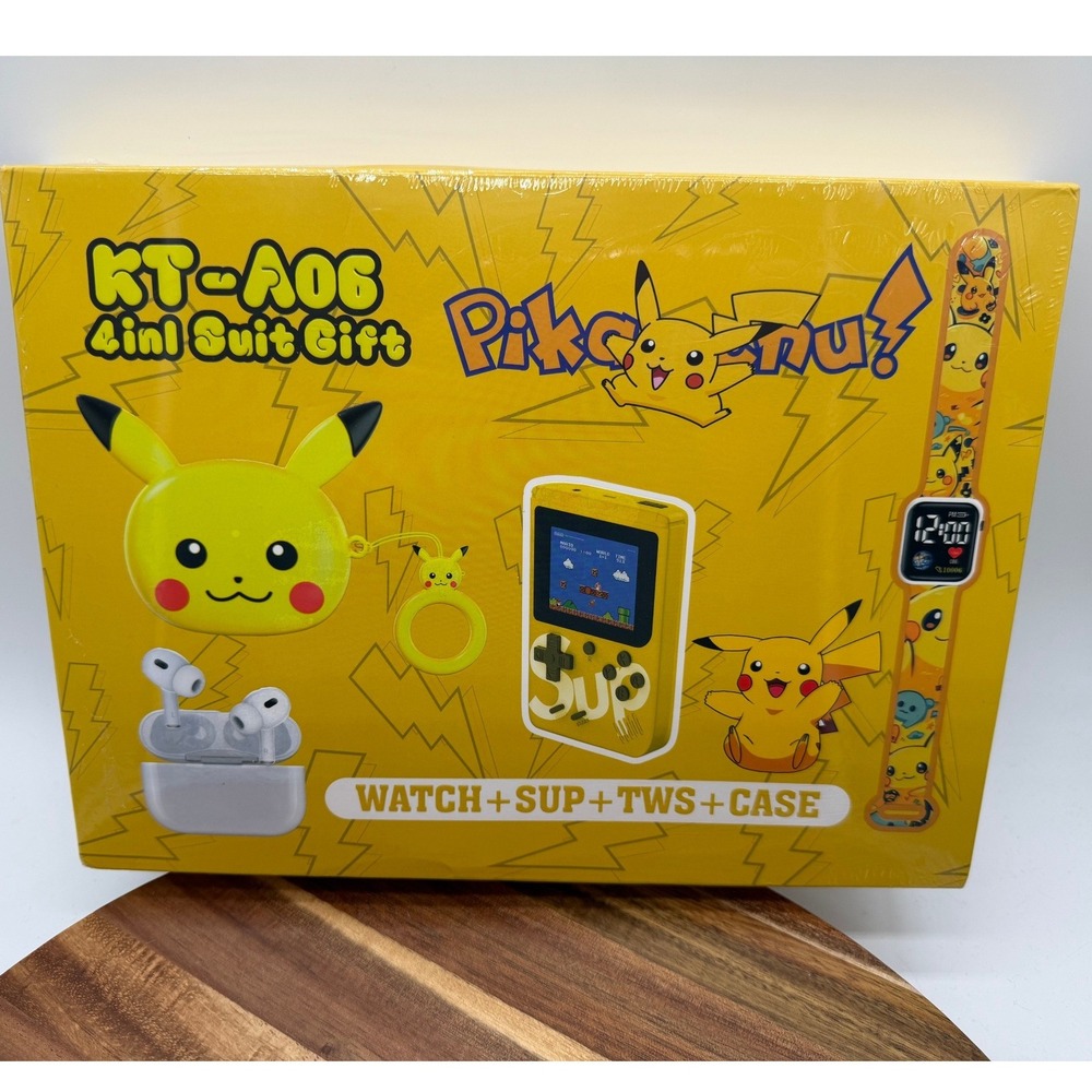 Pikachu 4-in-1 Gift Set KT-A06 Sup Game Console Watch TWS Earbuds & Case Yellow